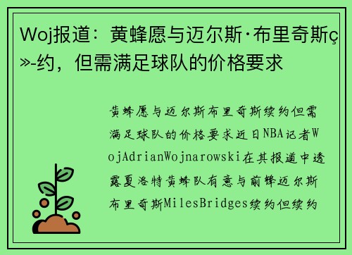 Woj报道：黄蜂愿与迈尔斯·布里奇斯续约，但需满足球队的价格要求