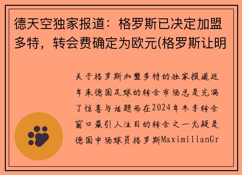 德天空独家报道：格罗斯已决定加盟多特，转会费确定为欧元(格罗斯让明年)