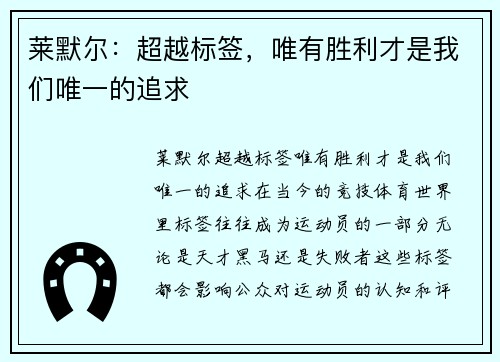 莱默尔：超越标签，唯有胜利才是我们唯一的追求