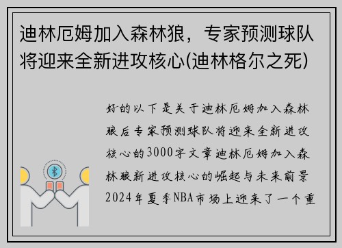 迪林厄姆加入森林狼，专家预测球队将迎来全新进攻核心(迪林格尔之死)